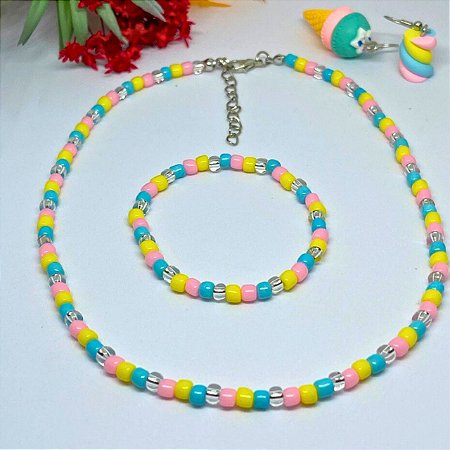 kit de Pulseira e Colar de Miçangas Marshmallow com Regulagem