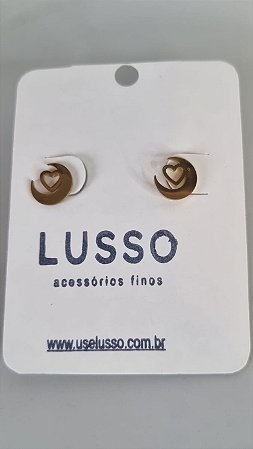 Brinco inox dourado P com pingente de coração e lua