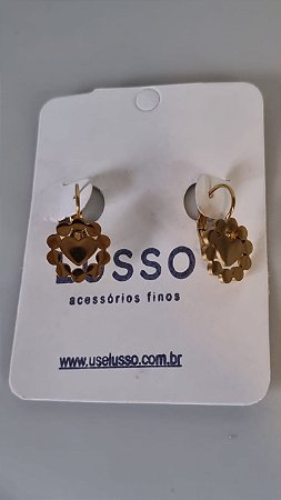Brinco inox dourado M clique com pingente de coração e círculos