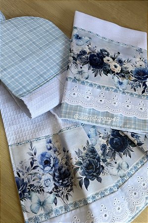 Pano de prato/copa e pano bate mão - Floral azul