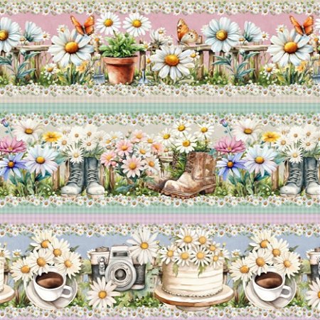 Tricoline Digital Barrado Margaridas (0,55cmx1,50mt)