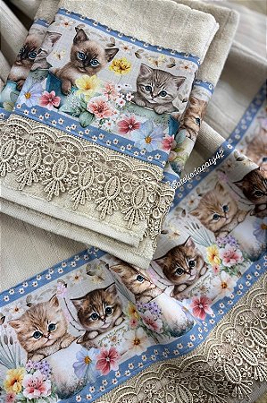 Jogo de toahas p/ banheiro (banho, rosto e lavabo) Gatinhos