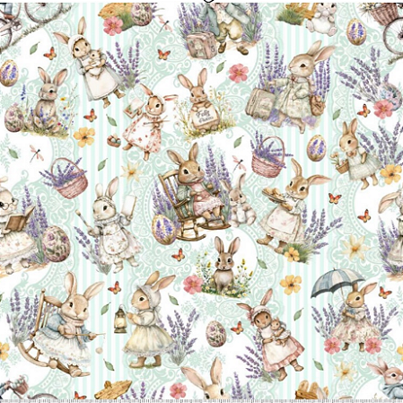 Tricoline Digital Composê Coelhos no Jardim de Lavandas (0,55cmx1,50mt)