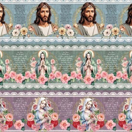 Tecido Tricoline Barrado Digital Religiosidade 55cmx1,50mt