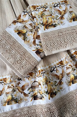 Jogo de toalhas p/ banheiro ( banho,rosto e lavabo) - Pássaros