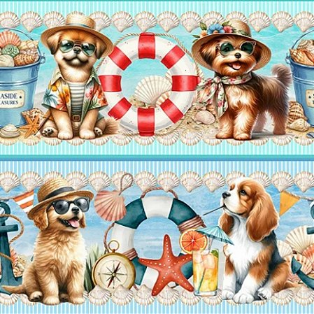 Tecido Tricoline Barrado Digital Cachorrinhos na Praia (0,55cmx1,50mt)