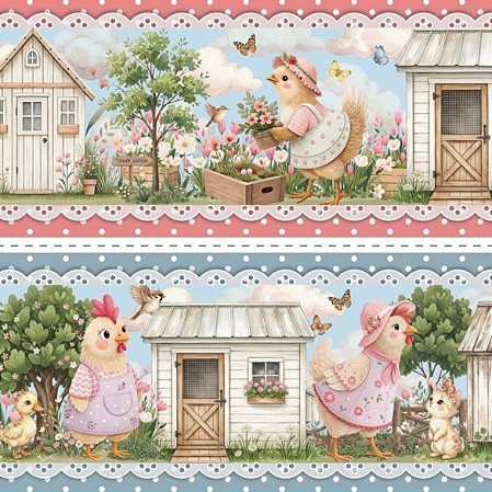 Tecido Tricoline Barrado Digital Galinhas Fofas (0,55cmx1,50mt)