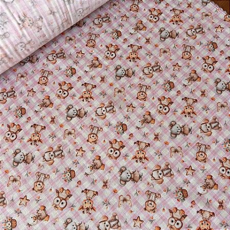 Tecido Fralda Quadriculada 100% algodão Corujinhas Beautiful (0,50cmx75cm)