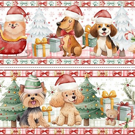 Tecido Tricoline Barrado Digital Natal Dog 100% algodão(55cmx1,50mt)
