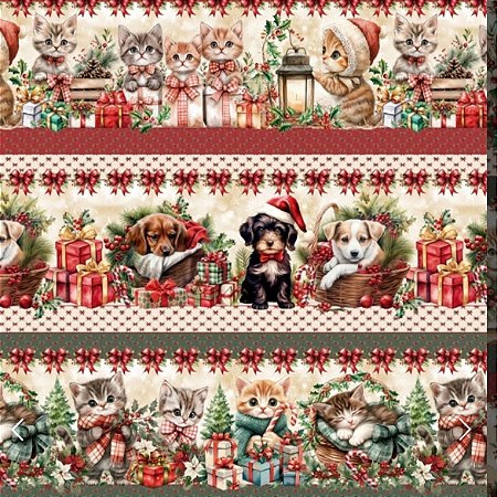 Tecido Tricoline Barrado Digital Pet Natal 100% algodão (55cmx1,50mt)