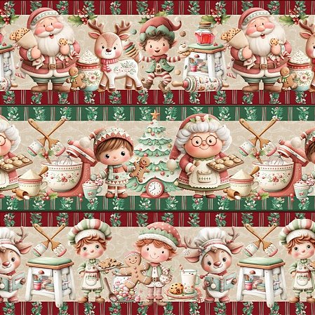Tecido Tricoline Barrado Digital Família Noel 100% algodão (55cmx1,50mt)