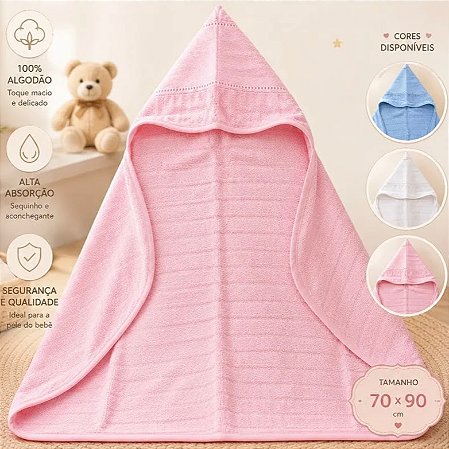 Toalha de Banho infantil com Capuz p/ bordar rosa (70cmx90cm)
