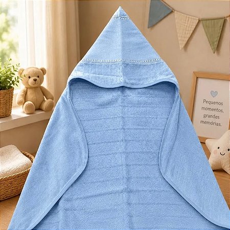 Toalha de banho infantil com capuz p/ bordar azul (70cmx90cm)