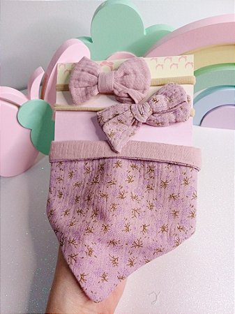Kit Bandana e faixinha Rosa antigo com florzinhas