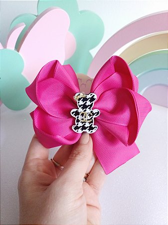 Laço duplo rosa com ursinho de grife