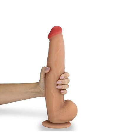 Pênis Realístico com Escroto e Ventosa Jiboia - Dildo em PVC Flexível 31x6 cm Bege