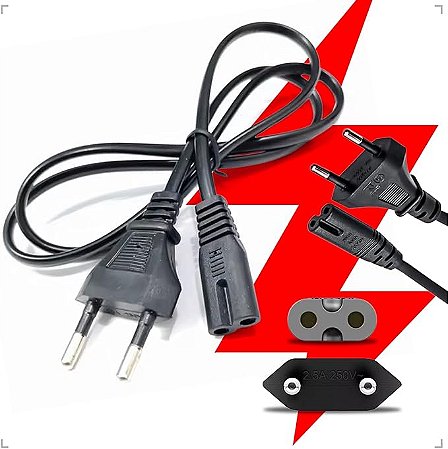 Cabo de Força Tipo 8 Bipolar para PS4, PS3, PS2, TV, Impressora, Monitor, Notebook, JBL