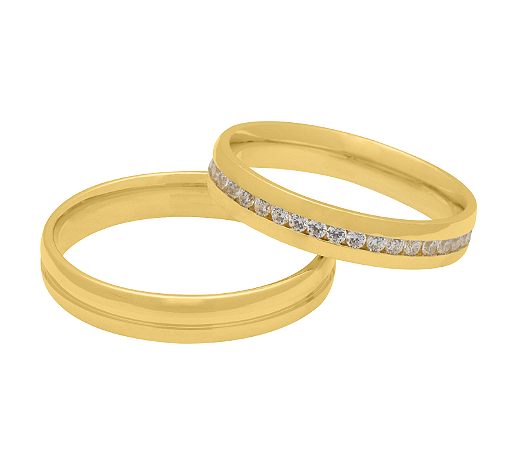 Par de Alianças Abaulada Confort Ouro 18k 4mm com Friso e Zirconias 1,5mm 328P - Maube Jóias