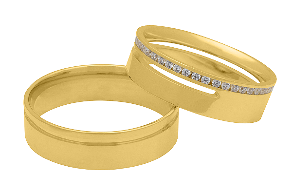 Par de Alianças Reta Confort Ouro 18k 6mm com Frisos e Zirconias 1,25mm 470P - Maube Jóias