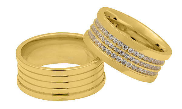 Par de Alianças Reta Confort Ouro 18k 9mm com Frisos Zirconia 1,5mm 329P - Maube Jóias