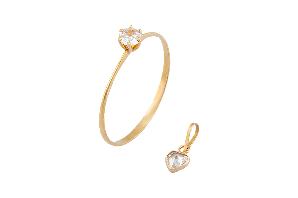 Conjunto Anel + Pingente Ouro Coração Com Zirconia Cristal 4x4 O 4mm - 28189