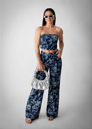 CONJUNTO JEANS CALÇA E CROPPED