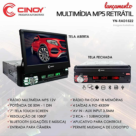 SOM AUTOMOTIVO MP5 2DIN RETRÁTIL/USB/BT/ C/ESPELHAMENTO - CINOY
