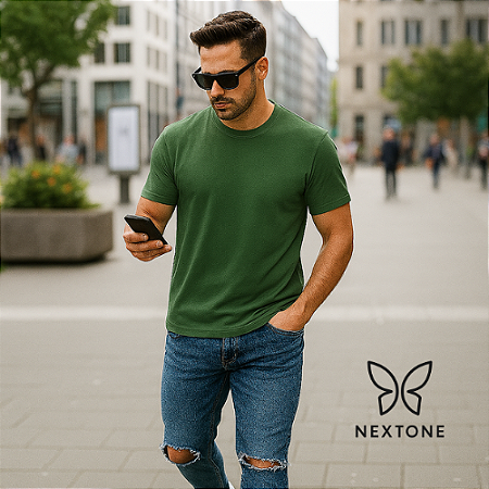 Camiseta masculina algodão egípcio Verde Militar - P