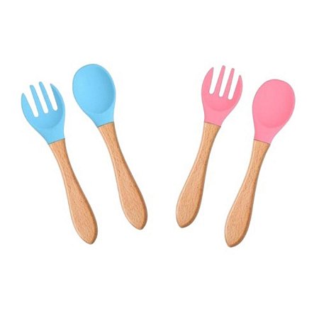 Kit Garfo + Colher De Silicone Cabo De Madeira Para Bebê