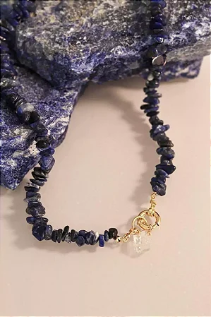 Choker Sodalita com fecho boia e pingente de Quartzo Cristal