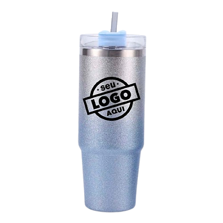 Garrafa Térmica Canudo 890ml Glitter Azul