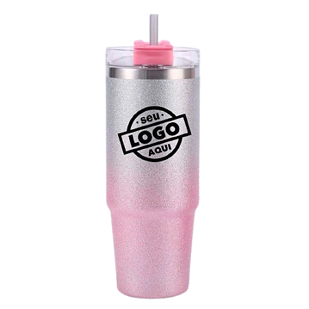 Garrafa Térmica Canudo 890ml Glitter Rosa