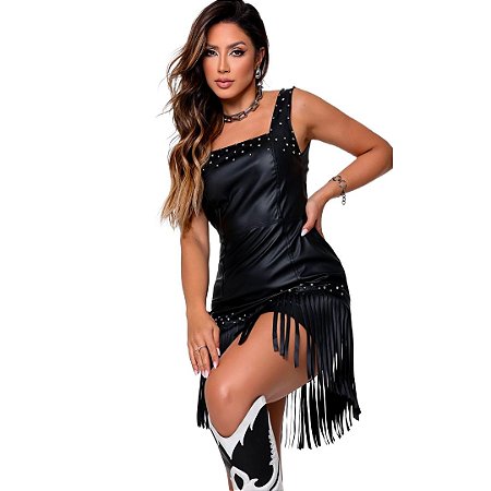 VESTIDO EM CORINO COM BRILHO/FRANJA