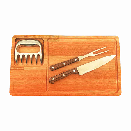 Kit Churrasco Personalizado - Tábua de Eucalipto, Garra de Urso, Faca e Garfo