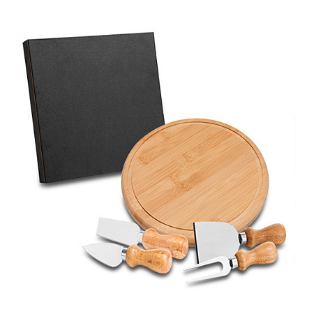 Kit para Queijo Personalizado - Tábua de Bambu Redonda com Facas e Utensílios em Inox e Madeira