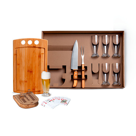 Kit Churrasco & Cerveja com Truco Personalizado – Tábua de Bambu, Faca, Garfo e Jogo de Truco