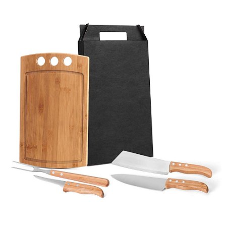 Kit Churrasco e Cozinha Personalizado - Tábua de Eucalipto, Faca e Garfo Inox