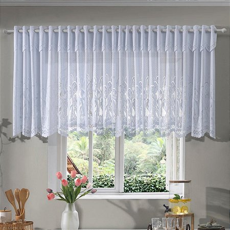 Cortina de Renda com Bandô para Cozinha Clássica Tulipinhas Interlar 100x80x20cm Branca