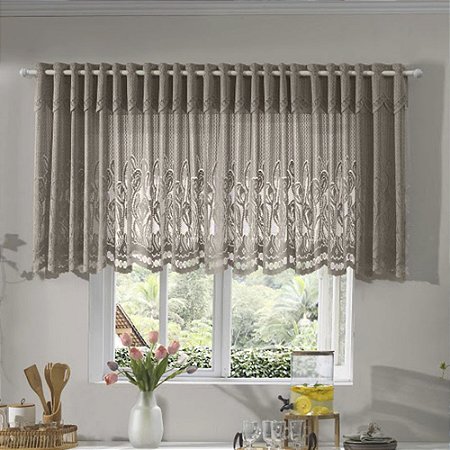 Cortina de Renda com Bandô para Cozinha Clássica Tulipinhas Interlar 400x80x20cm Desert