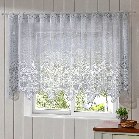 Cortina de Renda para Cozinha Clássica Arabesco Bico Interlar 400x100cm Branca