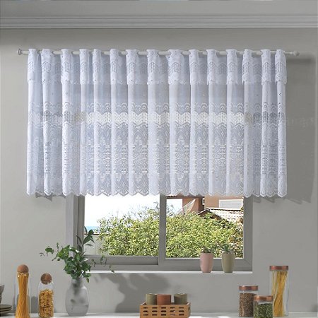 Cortina de Renda com Bandô para Cozinha Clássica Arabesco Interlar 200x80x20cm Branca