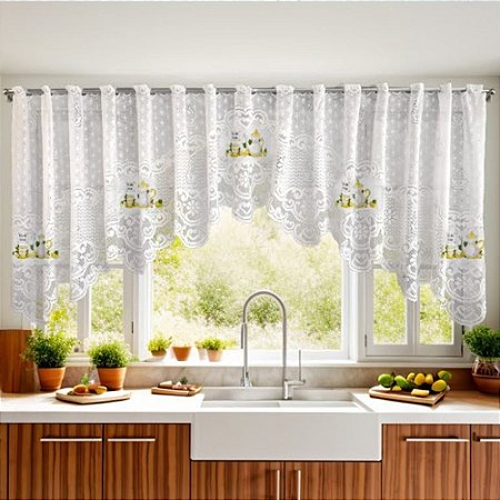 Cortina Cascata de Renda para Cozinha Premium Branca Chá de Limão 300x100cm