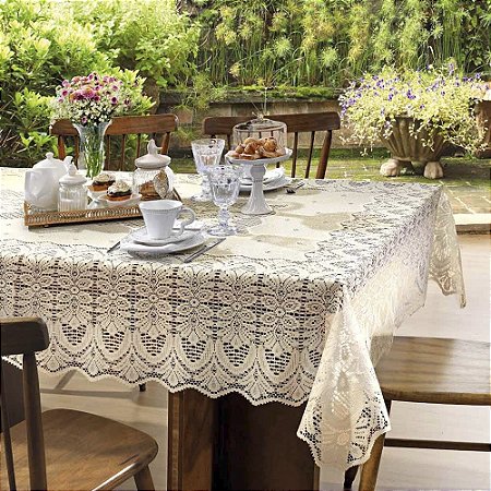 Toalha de Mesa Retangular 6 Lugares Renda Clássica Arabesco Interlar 150x220cm Marfim