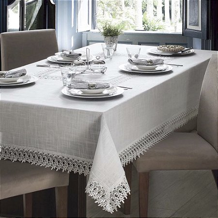 Toalha de Mesa Retangular 8 Lugares Rendada Delhi Branco/Branco