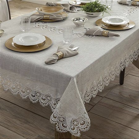 Toalha de Mesa Retangular 6 Lugares 150x220cm Rendada Istambul Bege/Branco