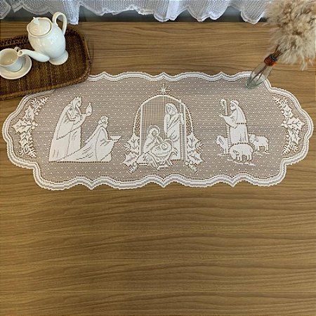 Caminho de Mesa Renda Retangular Clássico Natalino Presépio 45x120cm Branco