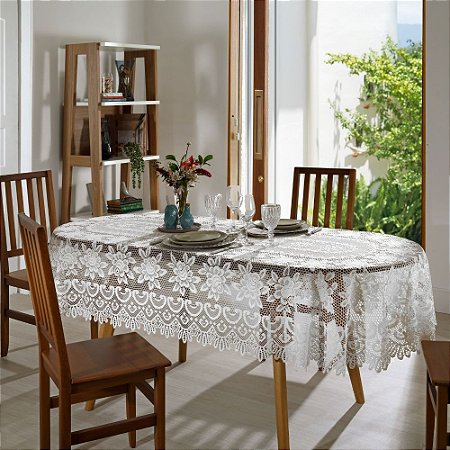 Toalha de Mesa de Renda Oval 6 Lugares 1.30 x 1.80 Mts Interlar Gardênia Branca