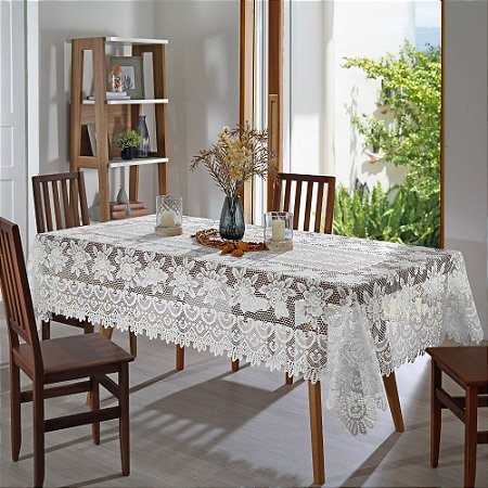 Toalha de Mesa de Renda Retangular 8 Lugares 1.50 x 2.70 Mts Gardênia Branca