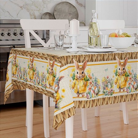 Toalha de Mesa de Páscoa Retangular 6 Lugares 140x210cm Florista Amarelo