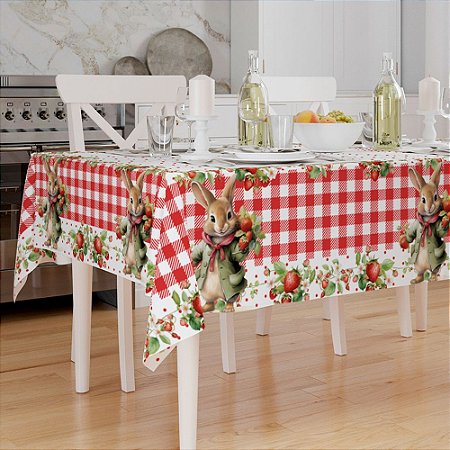 Toalha de Mesa de Páscoa Retangular 6 Lugares 140x210cm Coelho Morangos